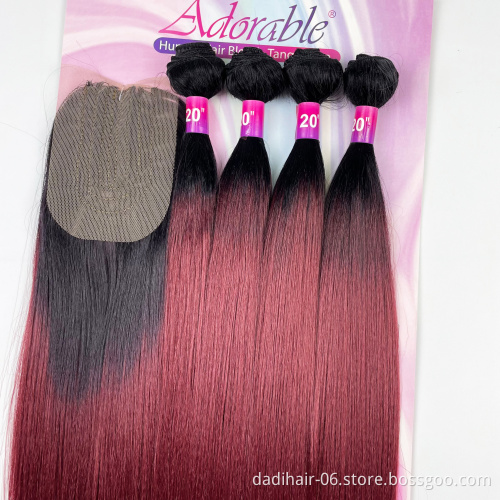cheap synthetic hair with lace closure, amazing Yaki wave two tone color synthetic hair extension
